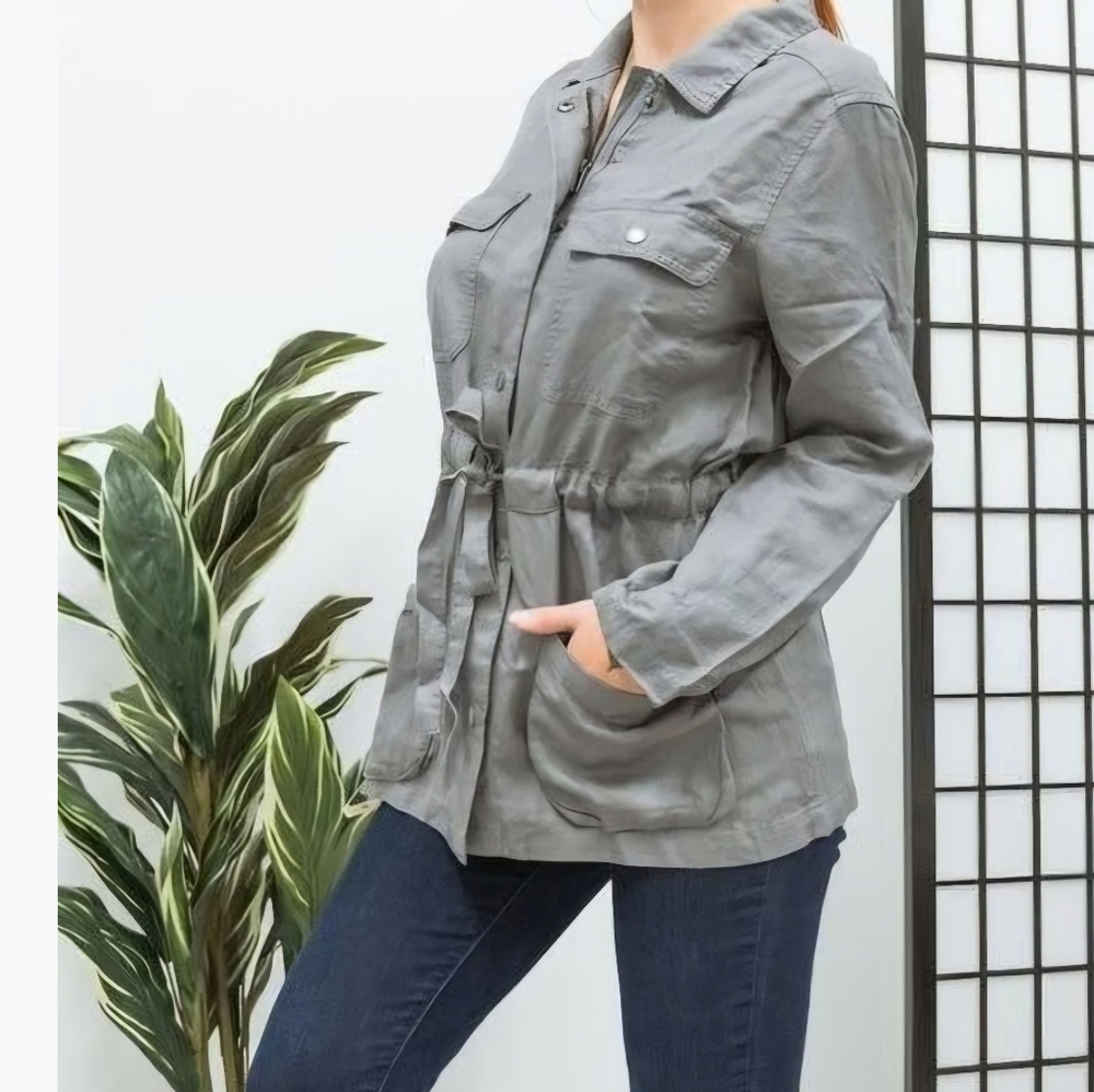 Nicole‎ Miller Linen Blend Womans Cargo Utility Jacket in Taupe Sz Medium